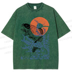 Unisex Vintage Japanese Art Style Fish Printed Washed Tee
