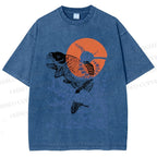Unisex Vintage Japanese Art Style Fish Printed Washed Tee