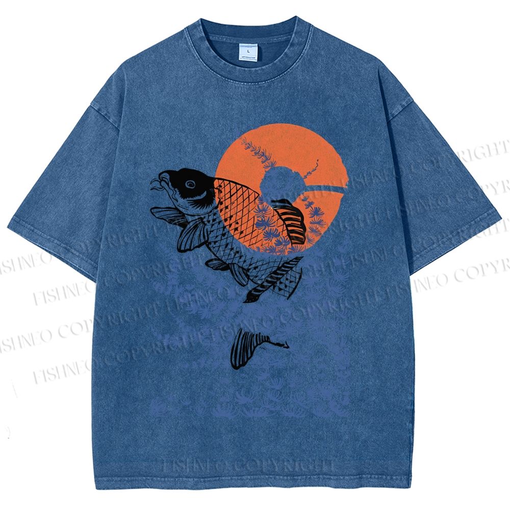 Unisex Vintage Japanese Art Style Fish Printed Washed Tee