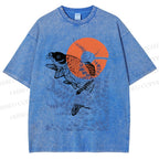 Unisex Vintage Japanese Art Style Fish Printed Washed Tee