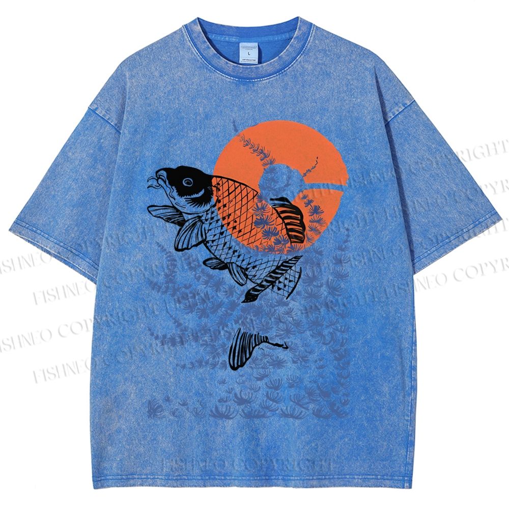 Unisex Vintage Japanese Art Style Fish Printed Washed Tee
