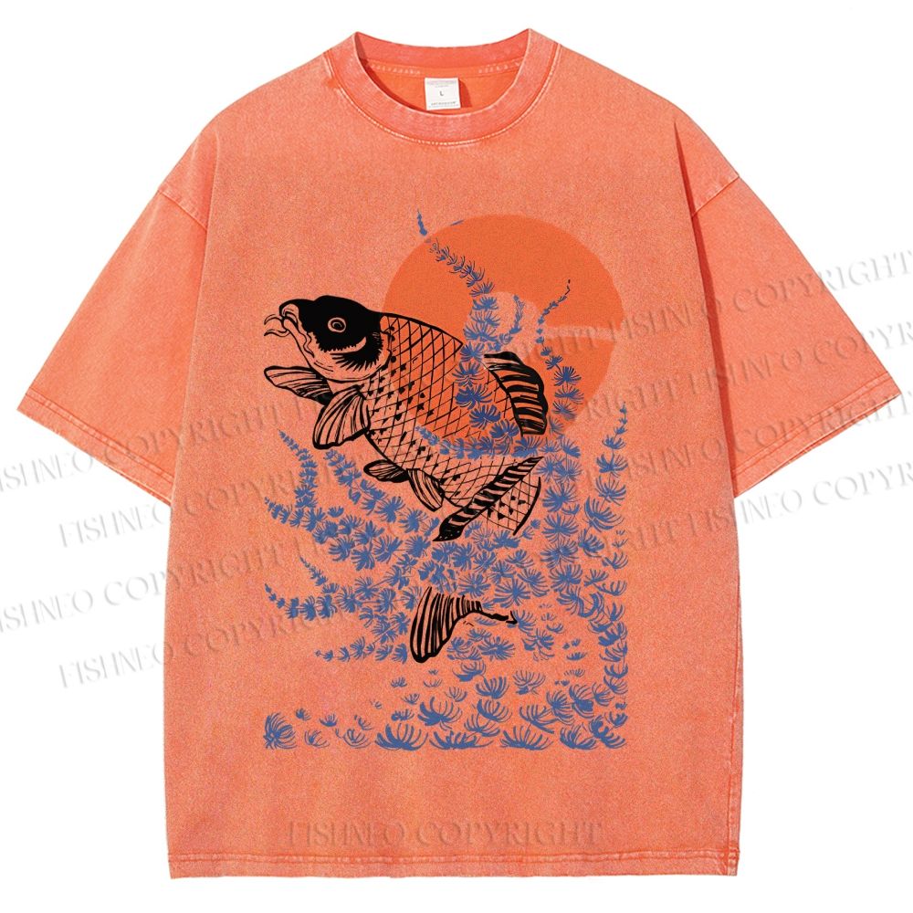 Unisex Vintage Japanese Art Style Fish Printed Washed Tee