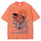 Unisex Vintage Japanese Art Style Fish Printed Washed Tee