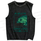 Unisex Vintage Frog Always Confused Printed Washed Tank Top