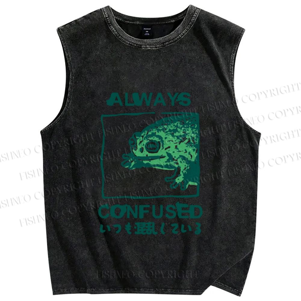 Unisex Vintage Frog Always Confused Printed Washed Tank Top