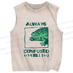 Unisex Vintage Frog Always Confused Printed Washed Tank Top