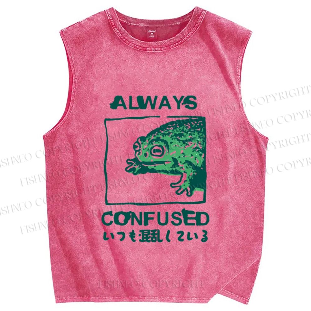 Unisex Vintage Frog Always Confused Printed Washed Tank Top