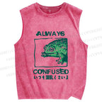 Unisex Vintage Frog Always Confused Printed Washed Tank Top