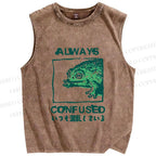 Unisex Vintage Frog Always Confused Printed Washed Tank Top