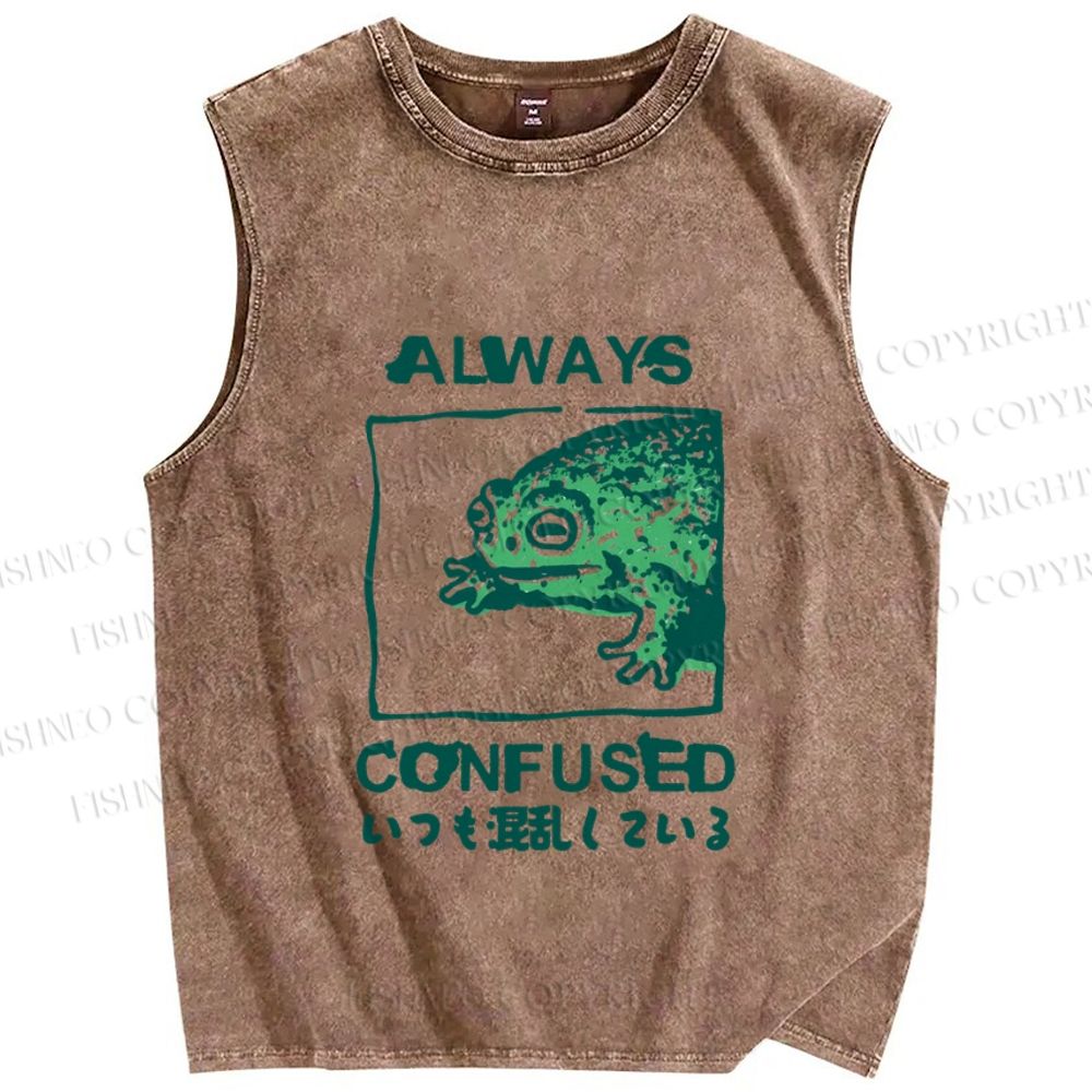 Unisex Vintage Frog Always Confused Printed Washed Tank Top