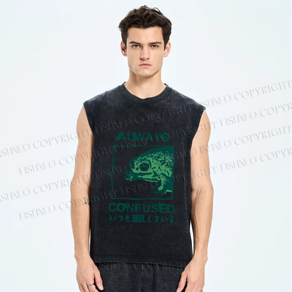Unisex Vintage Frog Always Confused Printed Washed Tank Top