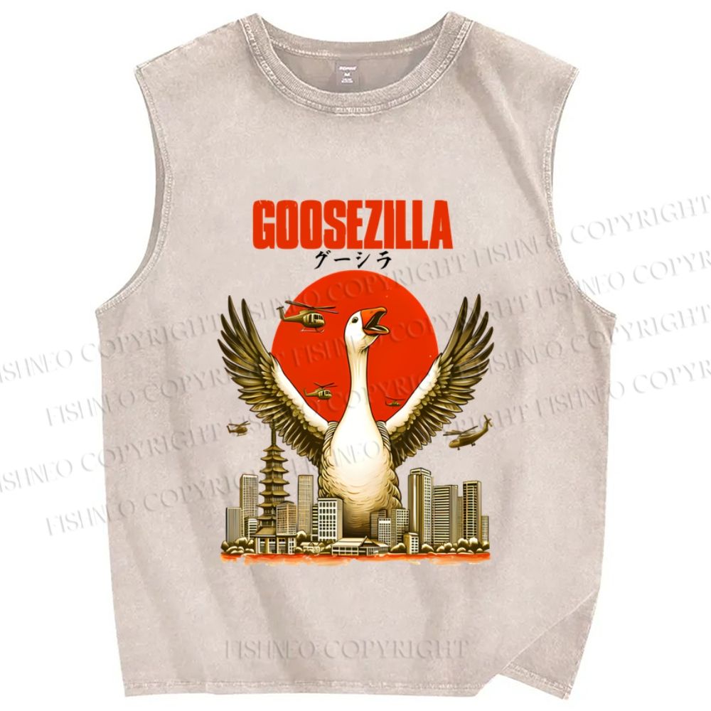 Unisex Funny Goose Godzilla Goosezilla Printed Washed Tank Top