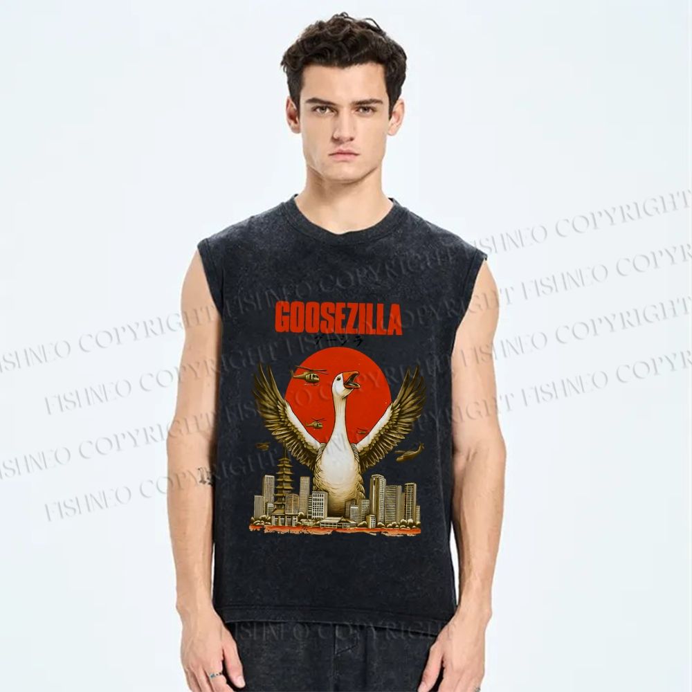 Unisex Funny Goose Godzilla Goosezilla Printed Washed Tank Top