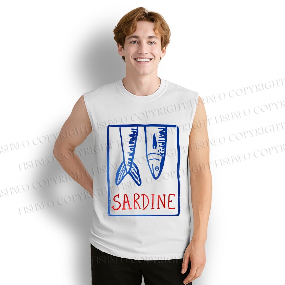 Unisex Vintage Sardine Fish In Box Printed Cotton Tank Top