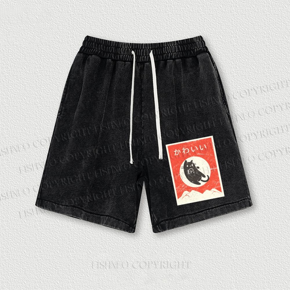 Cute Black Cat Japanese Washed Vintage Shorts