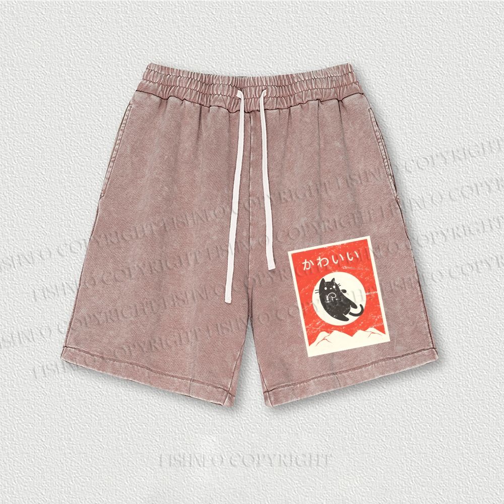 Cute Black Cat Japanese Washed Vintage Shorts