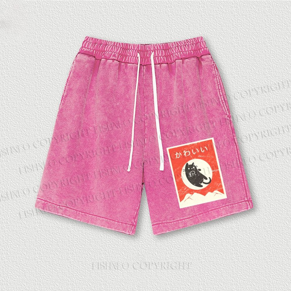 Cute Black Cat Japanese Washed Vintage Shorts