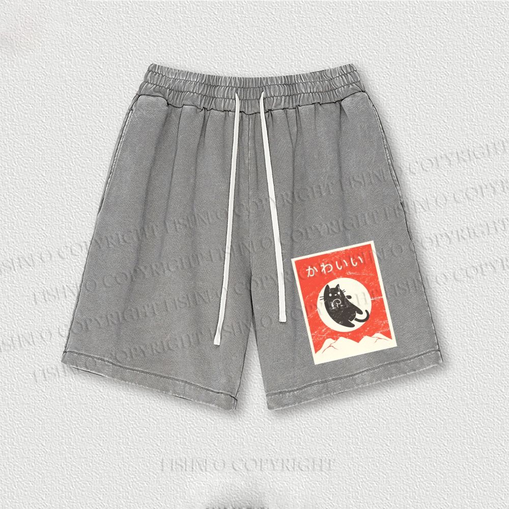 Cute Black Cat Japanese Washed Vintage Shorts