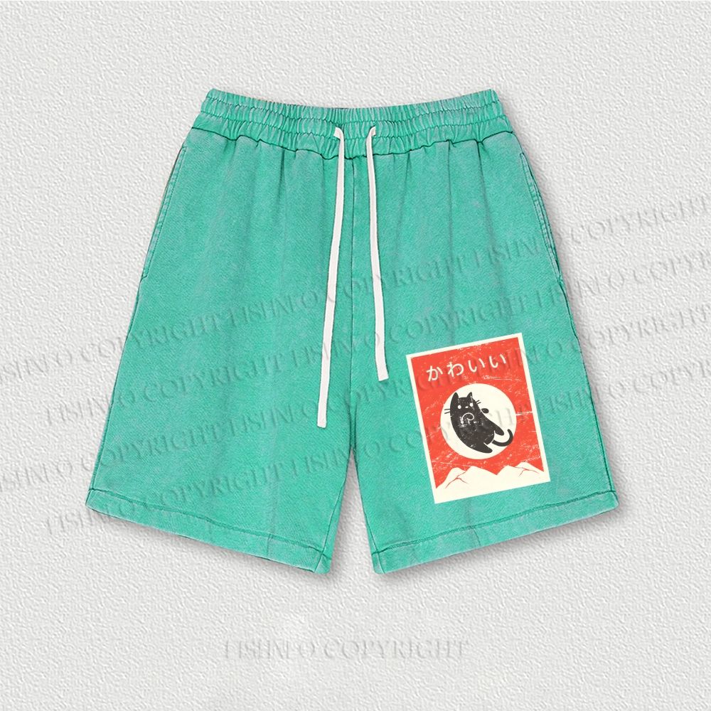 Cute Black Cat Japanese Washed Vintage Shorts
