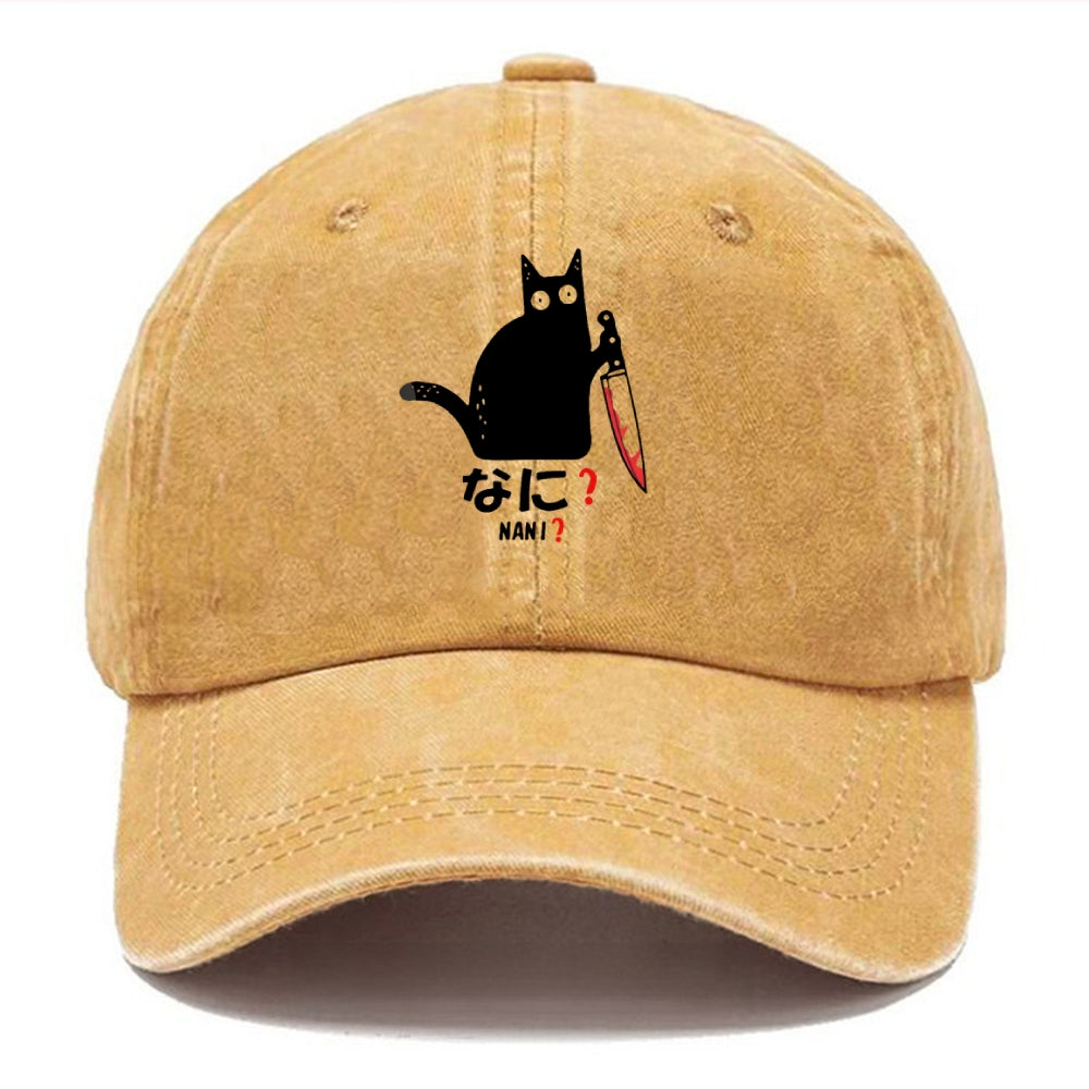 A Puzzled Cat Holding A Knife Washed Cap