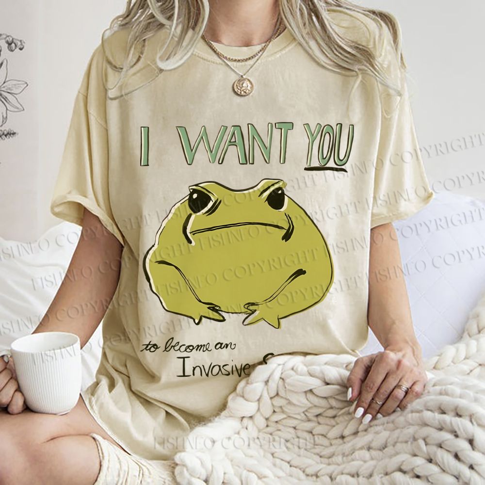 Unisex I want you Frog Printed Washed Tee