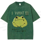 Unisex I want you Frog Printed Washed Tee