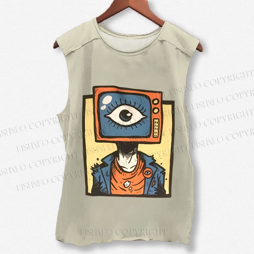 Unisex Funny TV Eye Printed Washed Tank Top