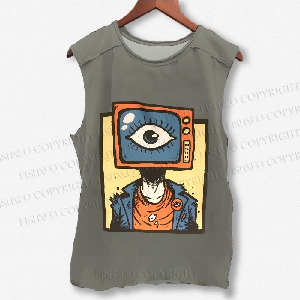 Unisex Funny TV Eye Printed Washed Tank Top