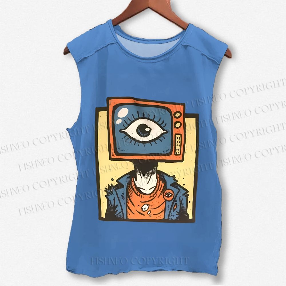 Unisex Funny TV Eye Printed Washed Tank Top