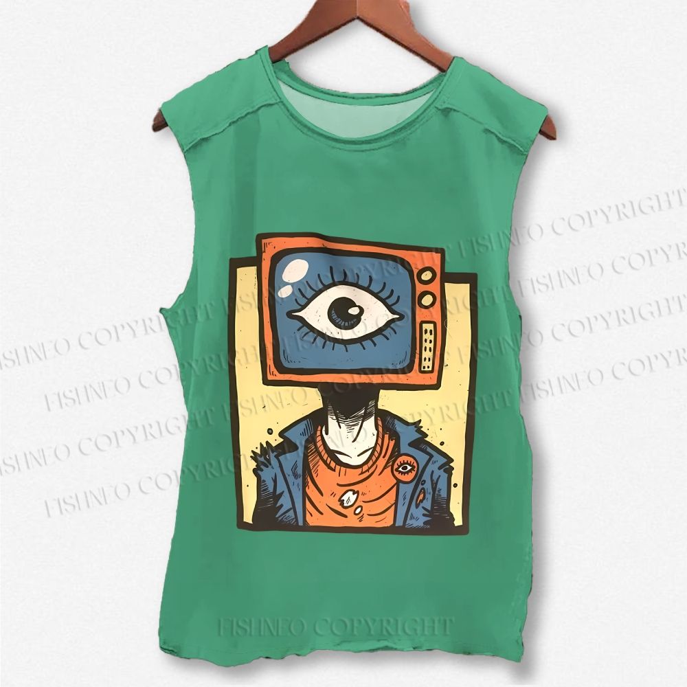 Unisex Funny TV Eye Printed Washed Tank Top