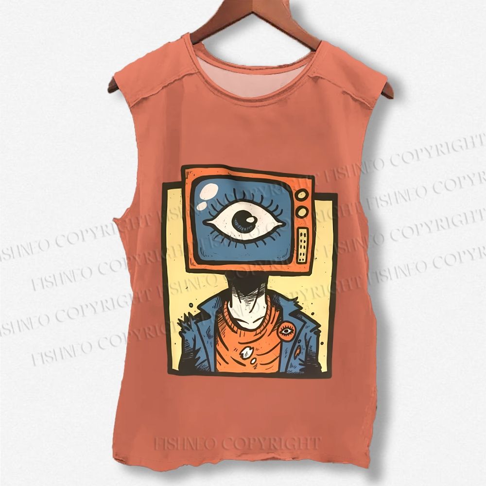 Unisex Funny TV Eye Printed Washed Tank Top
