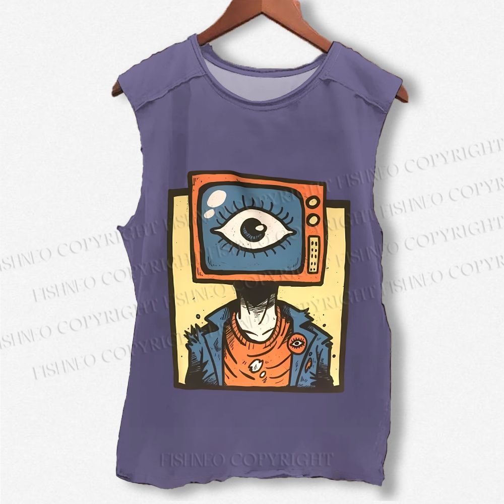 Unisex Funny TV Eye Printed Washed Tank Top