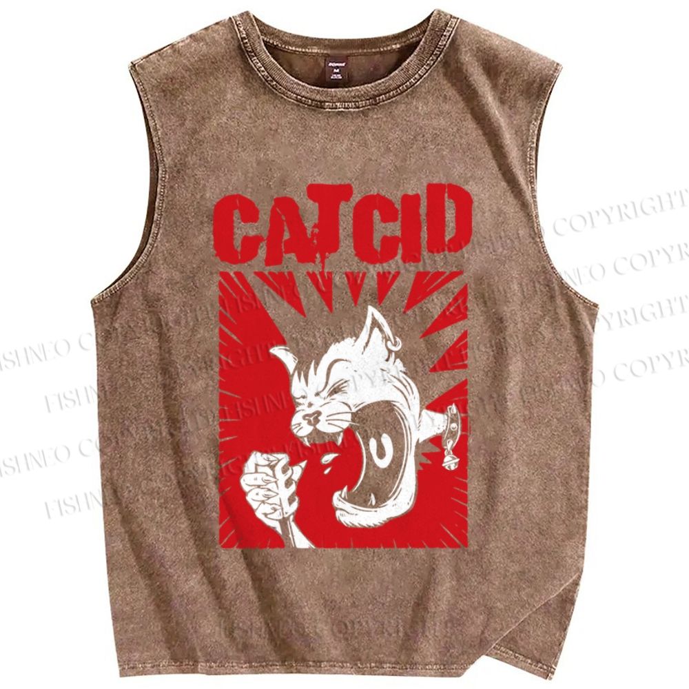 Unisex Punk Cat Cid Printed Washed Tank Top