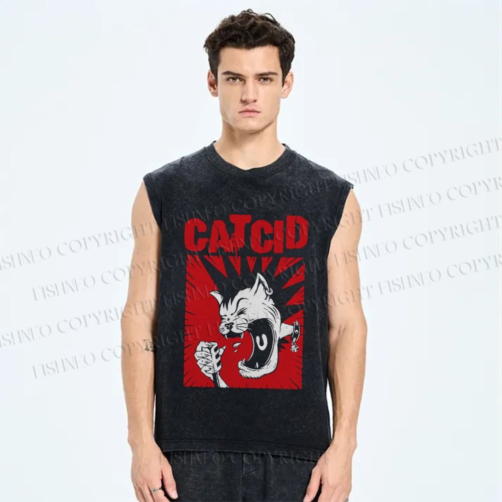 Unisex Punk Cat Cid Printed Washed Tank Top