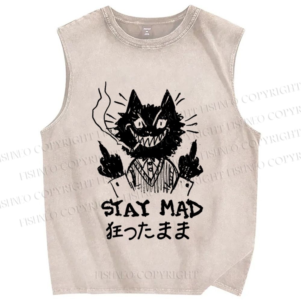 Unisex Suit Cat Stay Mad Printed Washed Tank Top