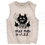 Unisex Suit Cat Stay Mad Printed Washed Tank Top