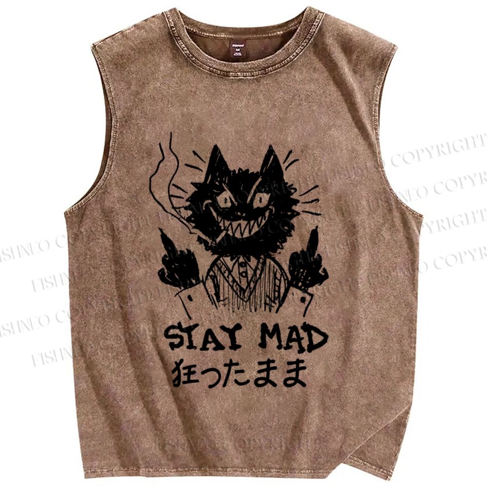 Unisex Suit Cat Stay Mad Printed Washed Tank Top