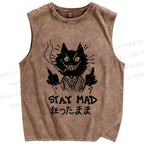 Unisex Suit Cat Stay Mad Printed Washed Tank Top