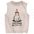 Unisex Cat Barricade Printed Washed Tank Top