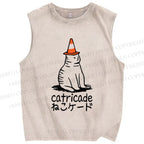 Unisex Cat Barricade Printed Washed Tank Top