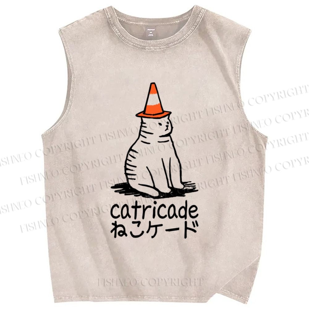 Unisex Cat Barricade Printed Washed Tank Top