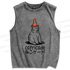 Unisex Cat Barricade Printed Washed Tank Top