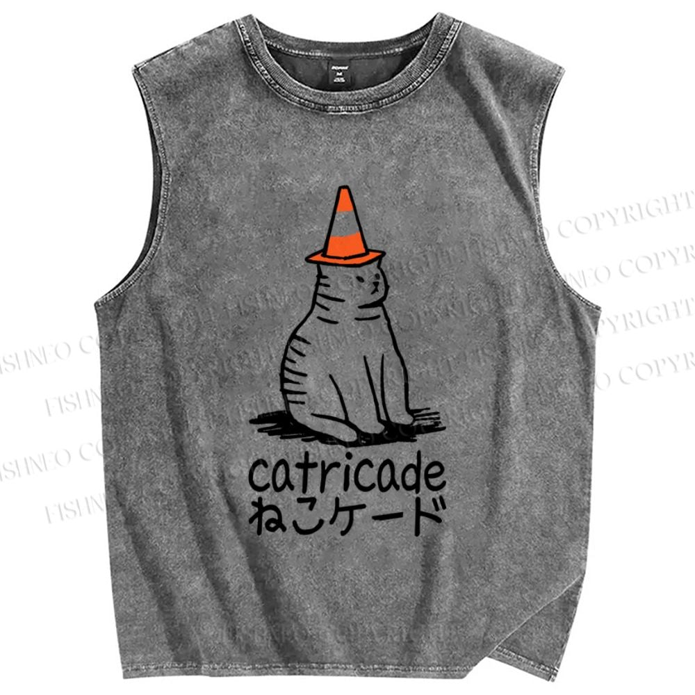 Unisex Cat Barricade Printed Washed Tank Top