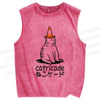 Unisex Cat Barricade Printed Washed Tank Top