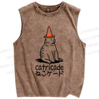 Unisex Cat Barricade Printed Washed Tank Top