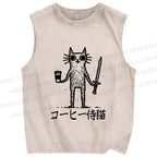 Unisex Vintage Coffee Cat Printed Washed Tank Top