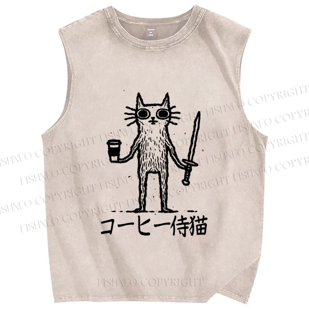 Unisex Vintage Coffee Cat Printed Washed Tank Top