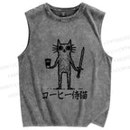 Unisex Vintage Coffee Cat Printed Washed Tank Top