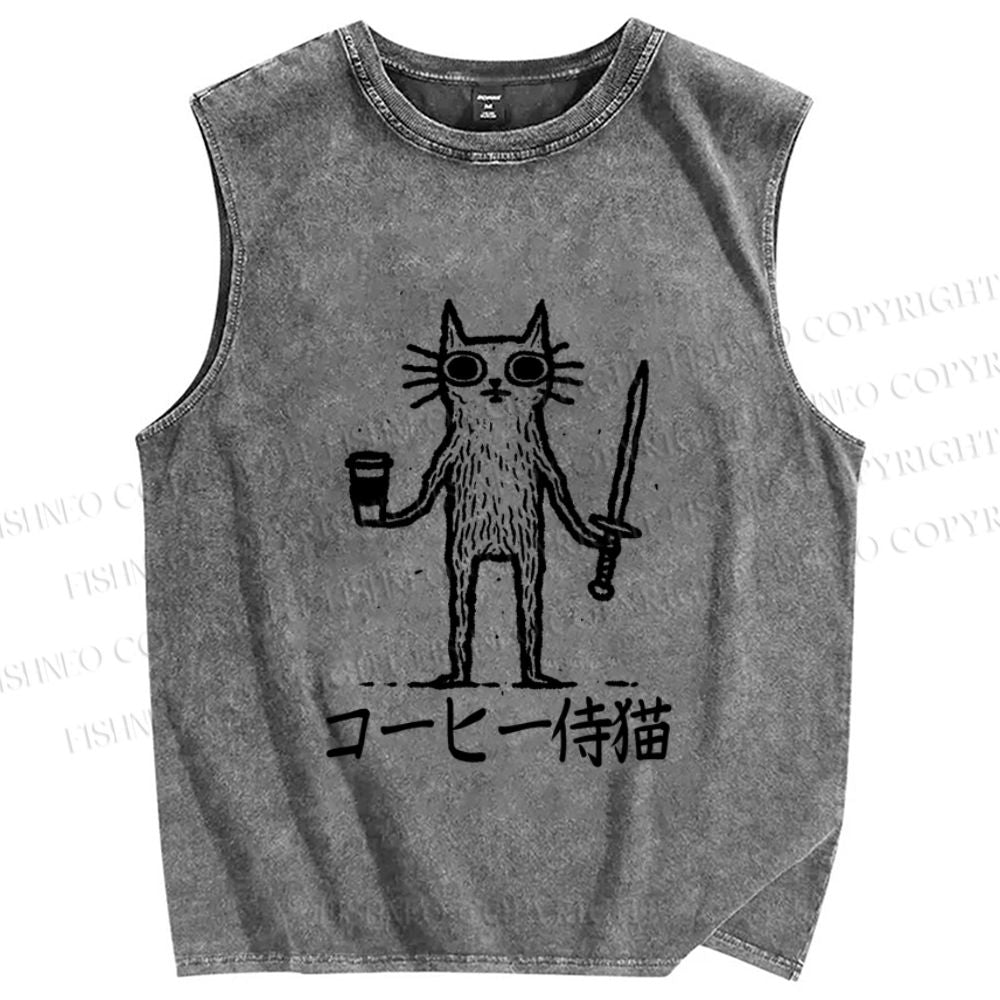 Unisex Vintage Coffee Cat Printed Washed Tank Top