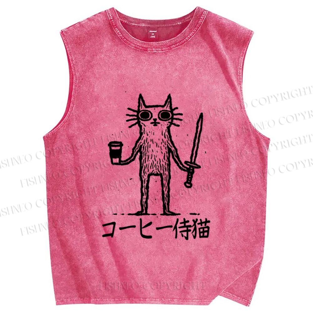 Unisex Vintage Coffee Cat Printed Washed Tank Top